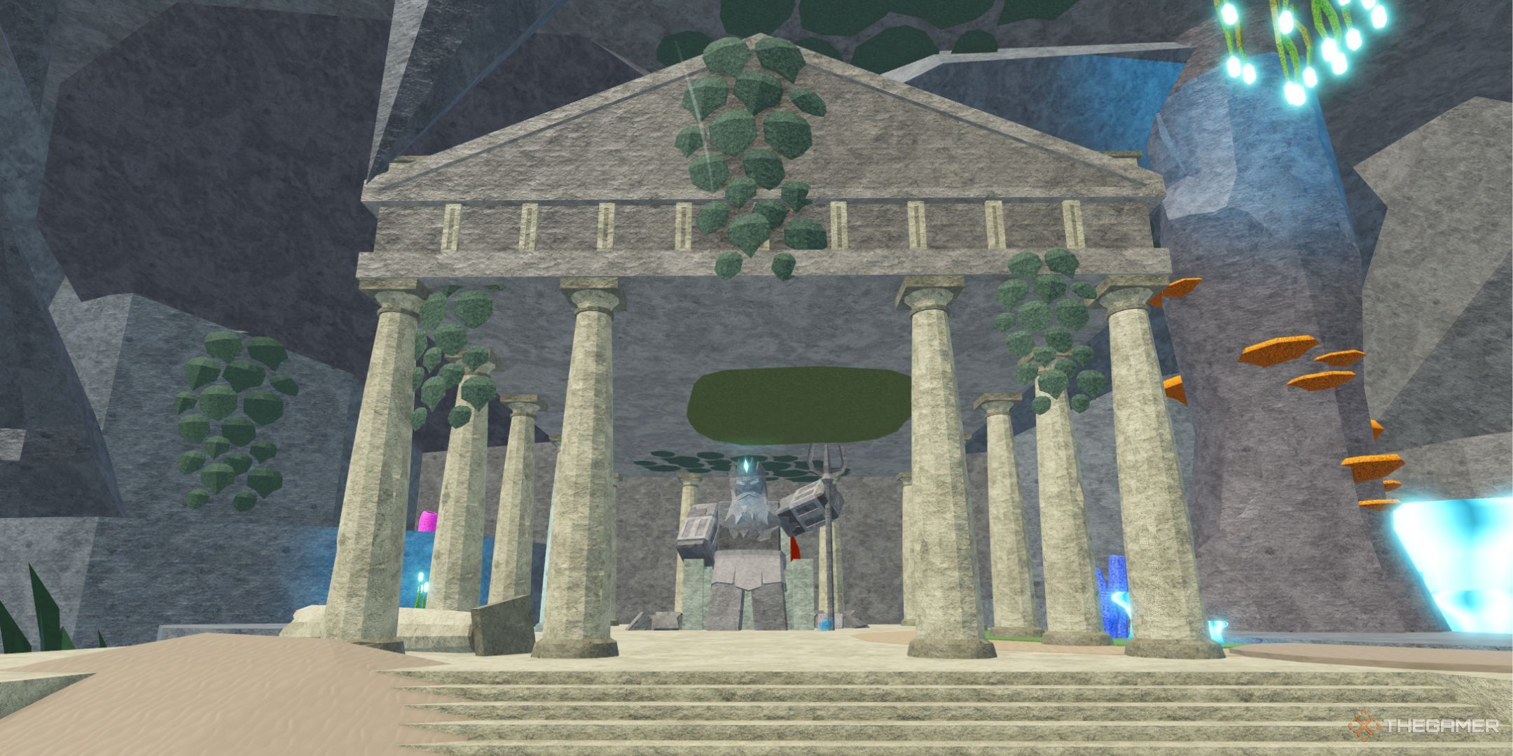 The player character shows an underwater Poseidon Temple with a huge statue in the middle of it in the Atlantis area in Fisch.