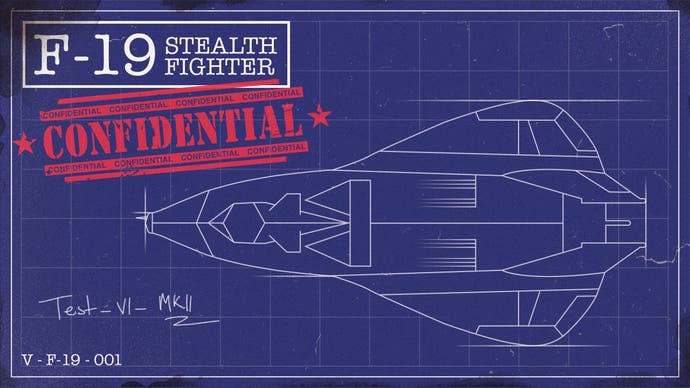 A blueprint-style image of the F-19 Stealth Fighter, with the word Confidential slapped across it in big lettering.