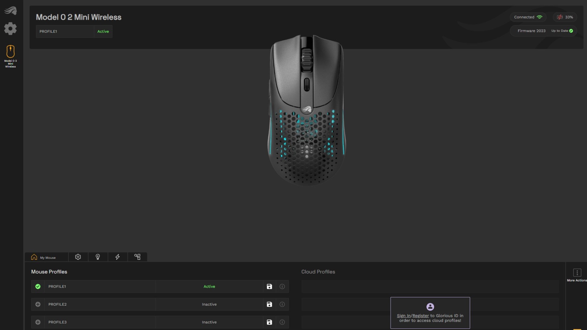 Glorious Core software on home page showing preset navigation options for Glorious Model O 2 Mini Wireless mouse