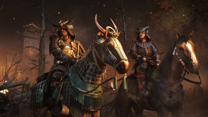 Black samurai Yasuke and Oda Nobunaga sit atop horses, watching a battle unfold in Assassin's Creed Shadows