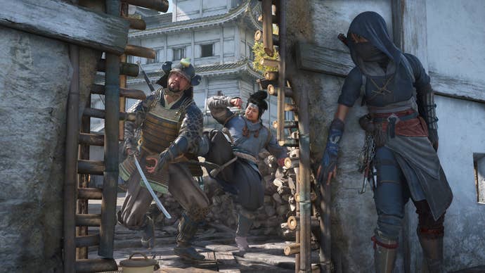 Female shinobi Naoe watches the samurai Yasuke ride on horseback in Assassin's Creed Shadows