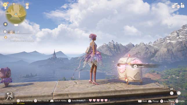 Nikki stands in front of a glowing pink chest, with a mountain range in the background.