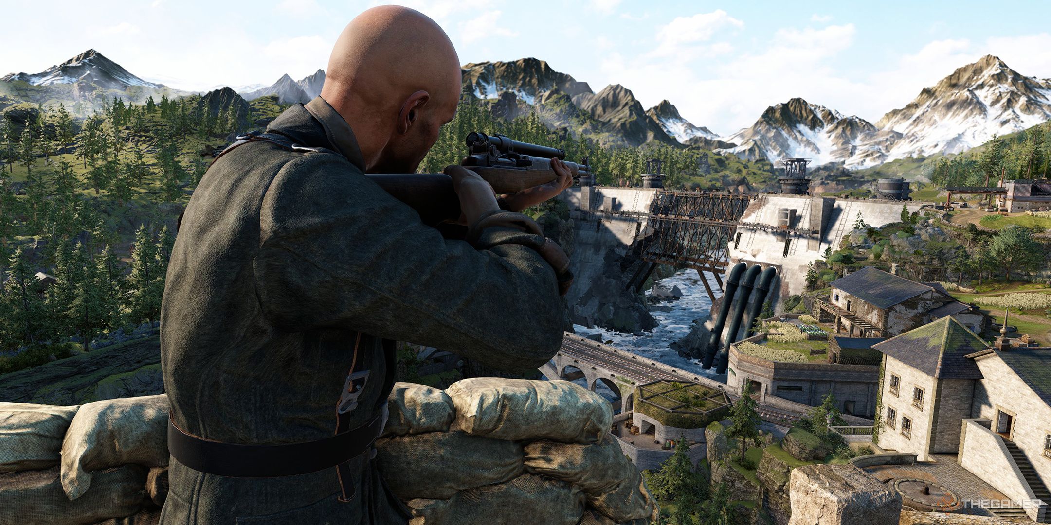 Sniper Elite Resistance Propaganda Missions, showing a sniper overlooking a dam.