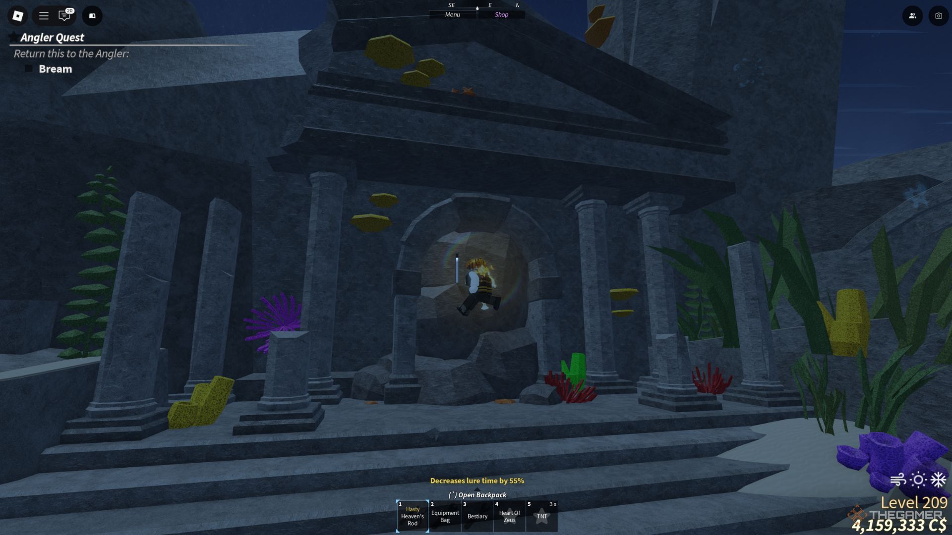 The player character shows the entrance blocked with stones, which leads to the underwater cave in Fisch.