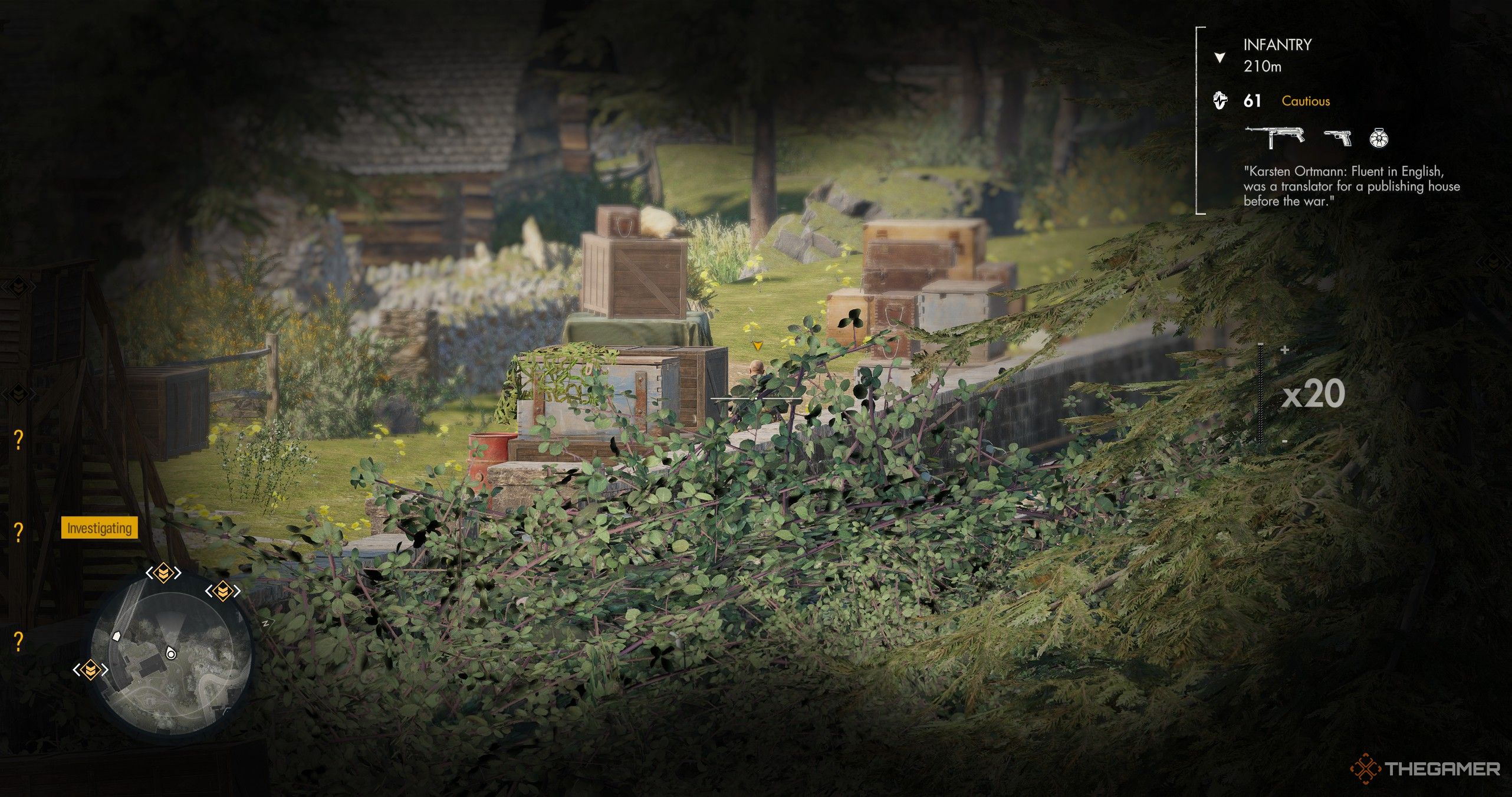 A player in Sniper Elite: Resistance looking at an enemy with binoculars.