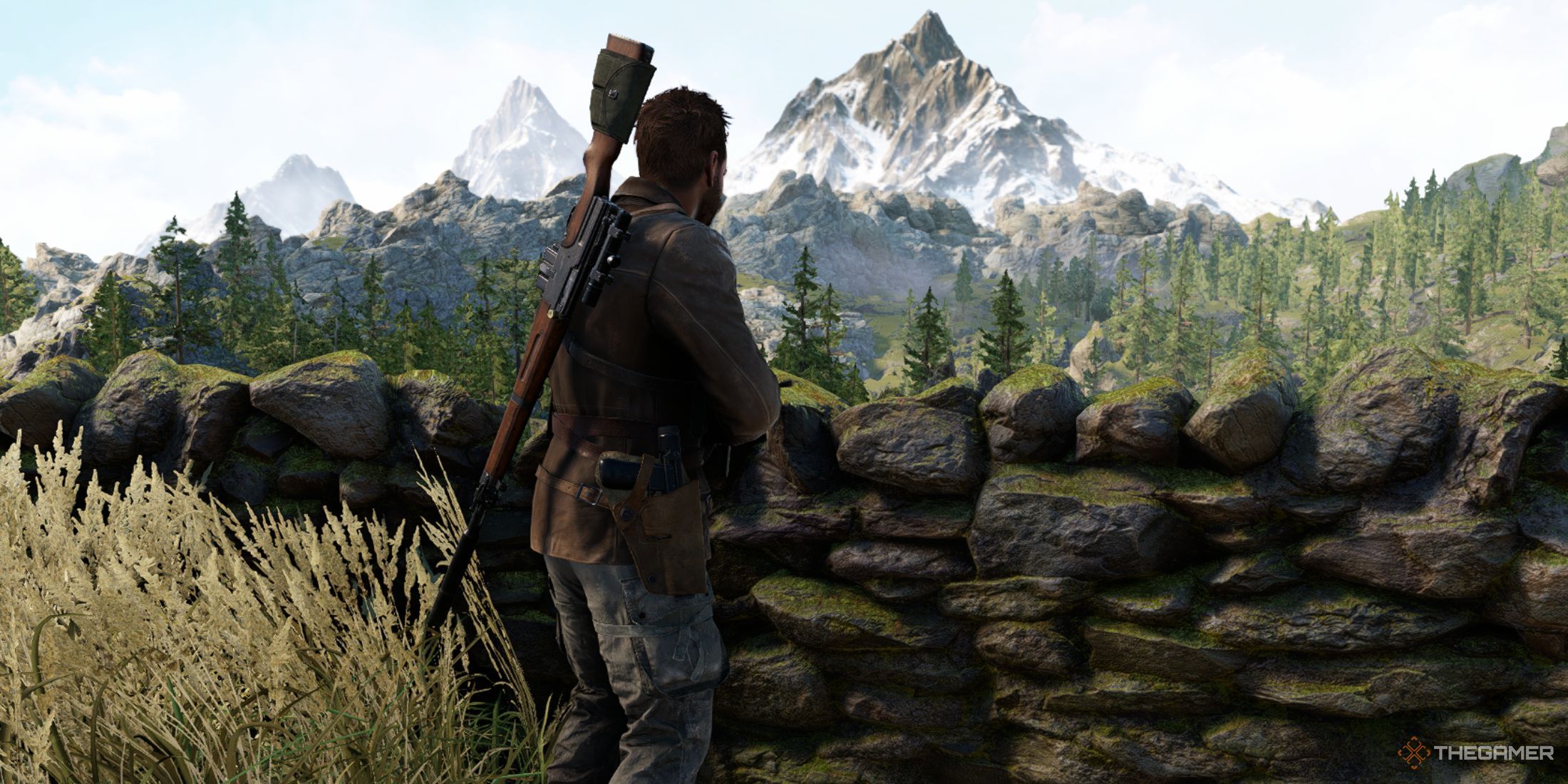 A photo of Sniper Elite Resistance's main character overlooking a mountain.