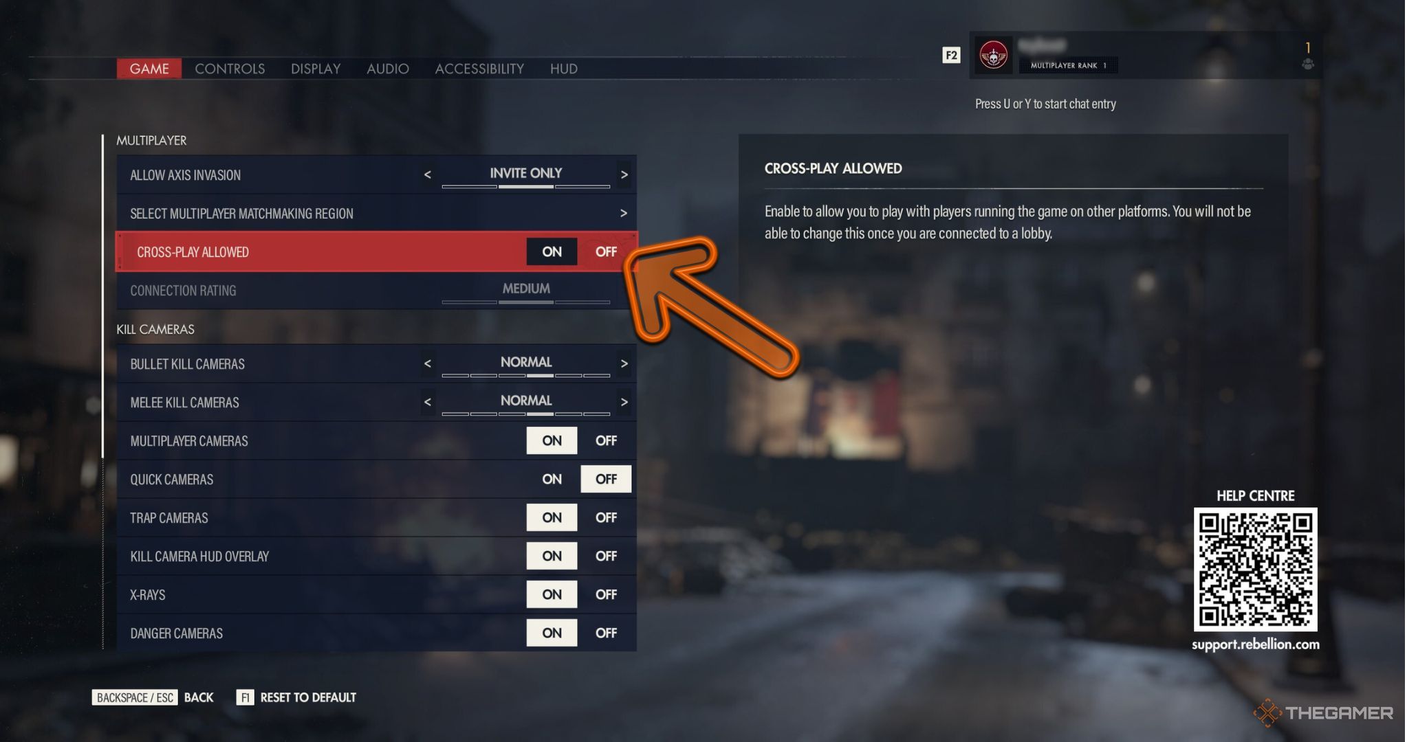 A setting in Sniper Elite Resistance showing cross-play functionality.