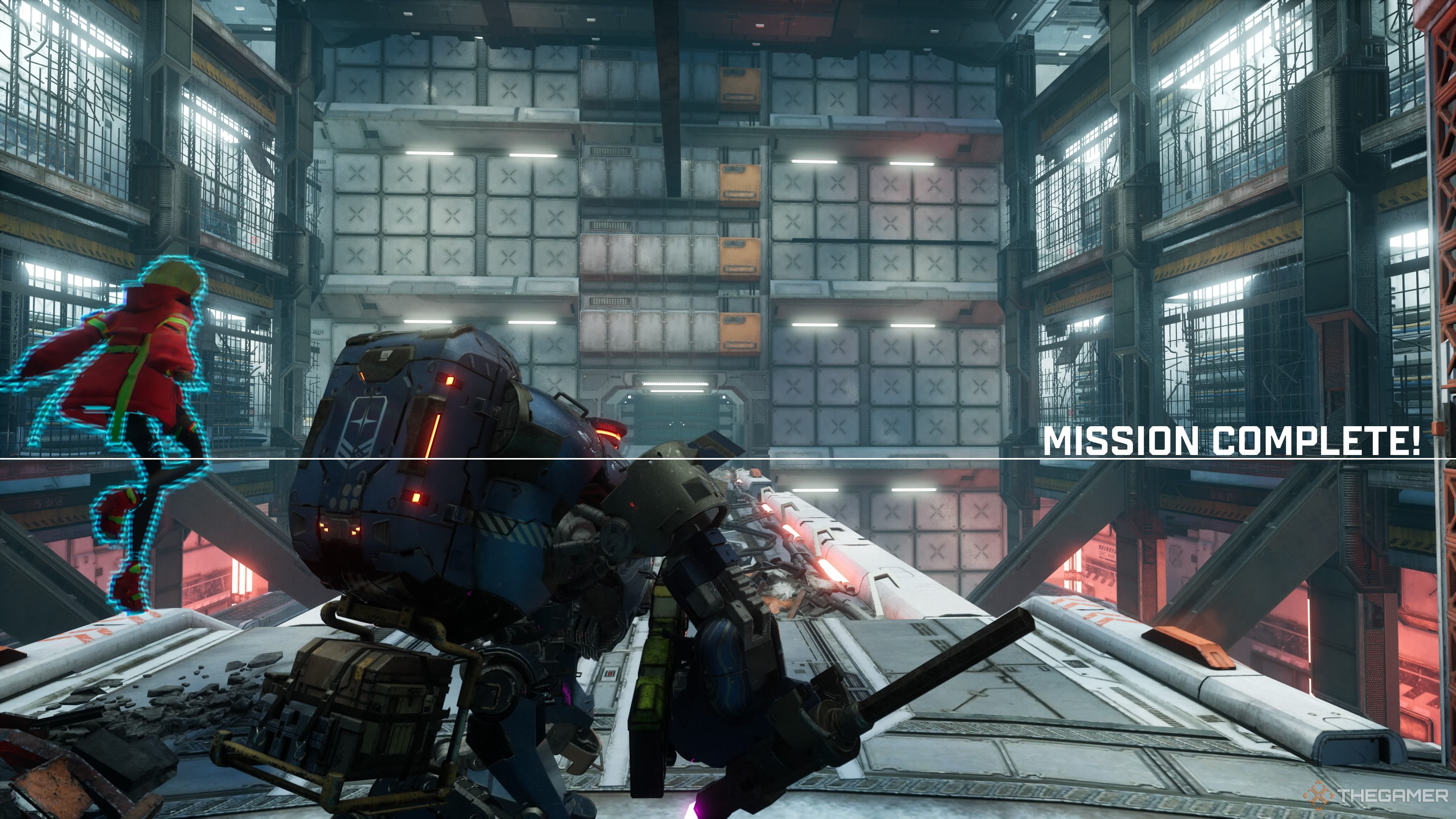 SYNDUALITY Echo of Ada mech completing a mission in a storage facility.