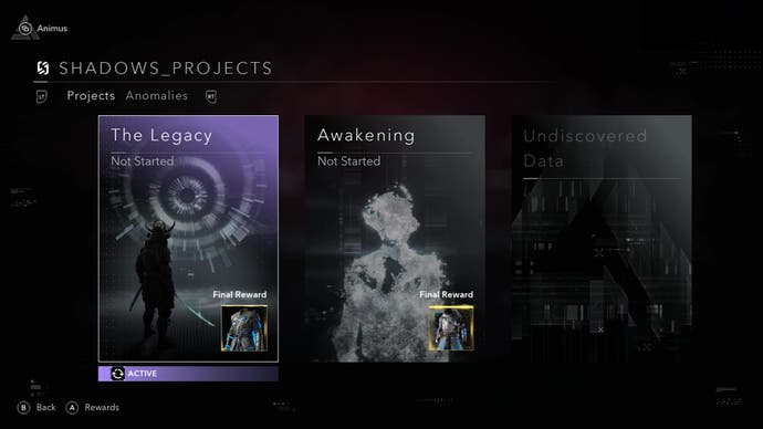 The Projects menu screen inside the Animus Hub.