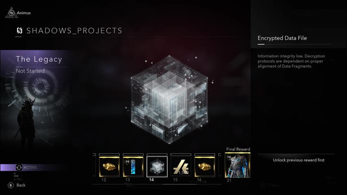 The Projects reward menu screen inside the Animus Hub.