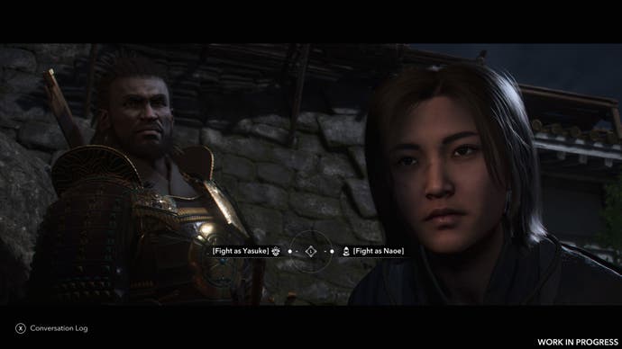 Naoe and Yasuke face the screen, with the player presented a choice of who to fight as in Assassin's Creed Shadows.