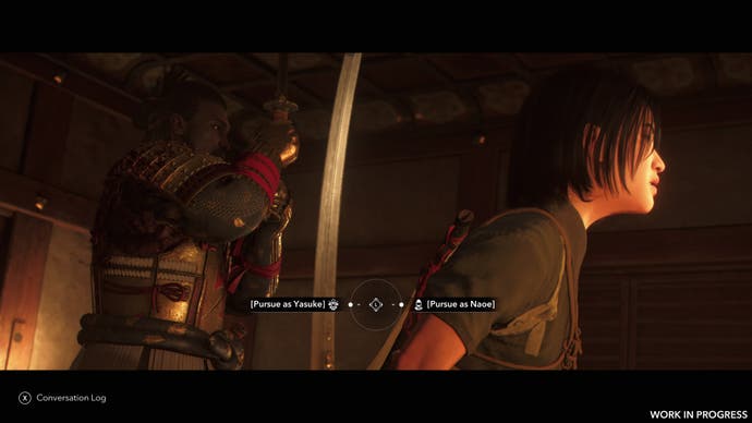 Naoe and Yasuke are in profile, with the player presented a choice of who to pursue as in Assassin's Creed Shadows.