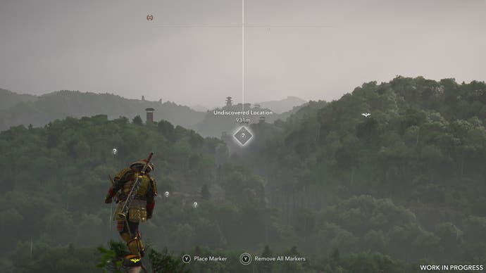 Yasuke perches on a viewpoint and observes nearby landmarks, represented by question marks, in Assassin's Creed Shadows.