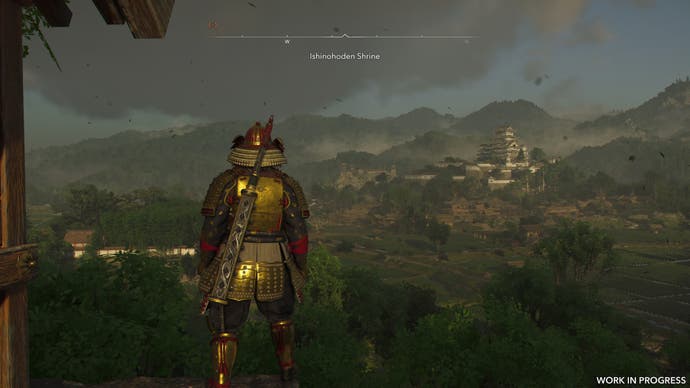 Yasuke looks at the horizon towards HImeji Castle in Assassin's Creed Shadows.