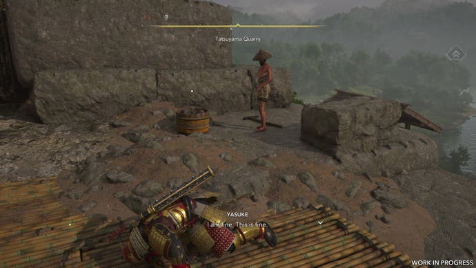 Yasuke lies on the floor after messing up an eagle dive in Assassin's Creed Shadows, saying "I am fine. This is fine."