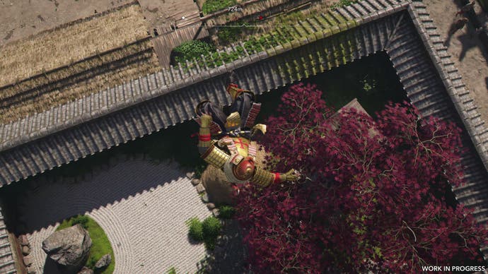 Yasuke falls into a hay bale in Assassin's Creed Shadows.