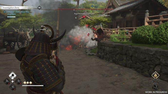 Yasuke blows up an explosive barrel with a teppo rifle in Assassin's Creed Shadows.