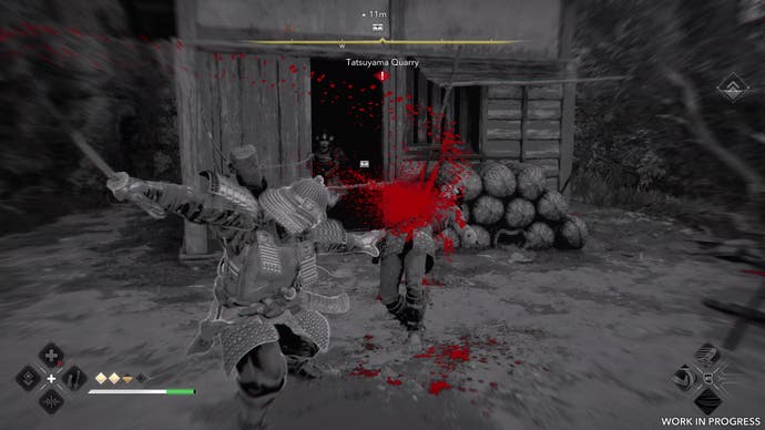 Yasuke performs a finisher move on a guard in Assassin's Creed Shadows. The screen is black and white, with only a red slash of blood in colour.