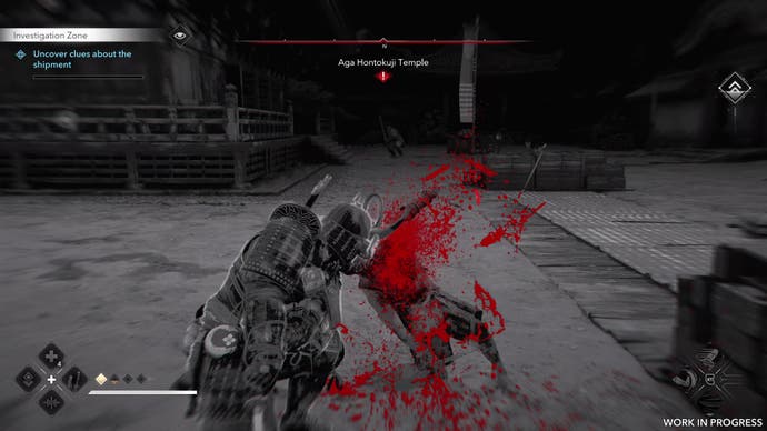 Yasuke performs a finisher move on a guard in Assassin's Creed Shadows. The screen is black and white, with only a red slash of blood in colour.