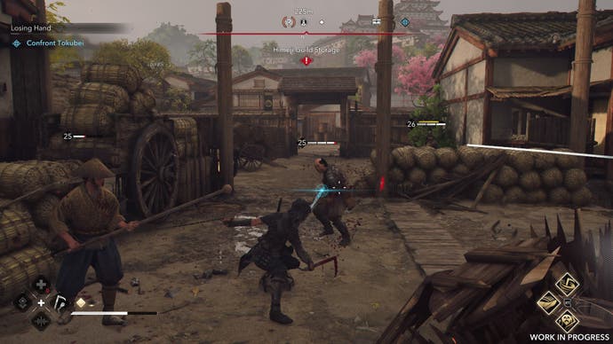 Naoe fights several guards at once in Assassin's Creed Shadows.