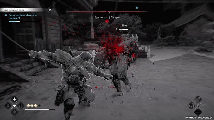 Yasuke performs a finisher move on a guard in Assassin's Creed Shadows. The screen is black and white, with only a red slash of blood in colour.