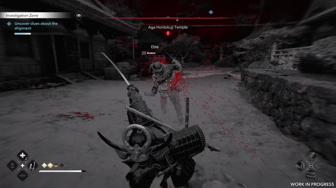 Yasuke performs a finisher move on a guard in Assassin's Creed Shadows. The screen is black and white, with only a red slash of blood in colour.