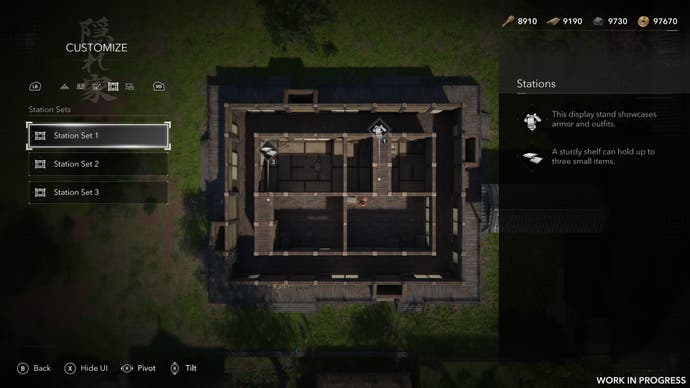 A top down view of a building as the player decides what decoration sets to use in Assassin's Creed Shadows.