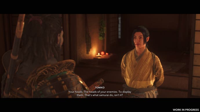 Yasuke talks to Tomiko about skewered heads in Assassin's Creed Shadows.