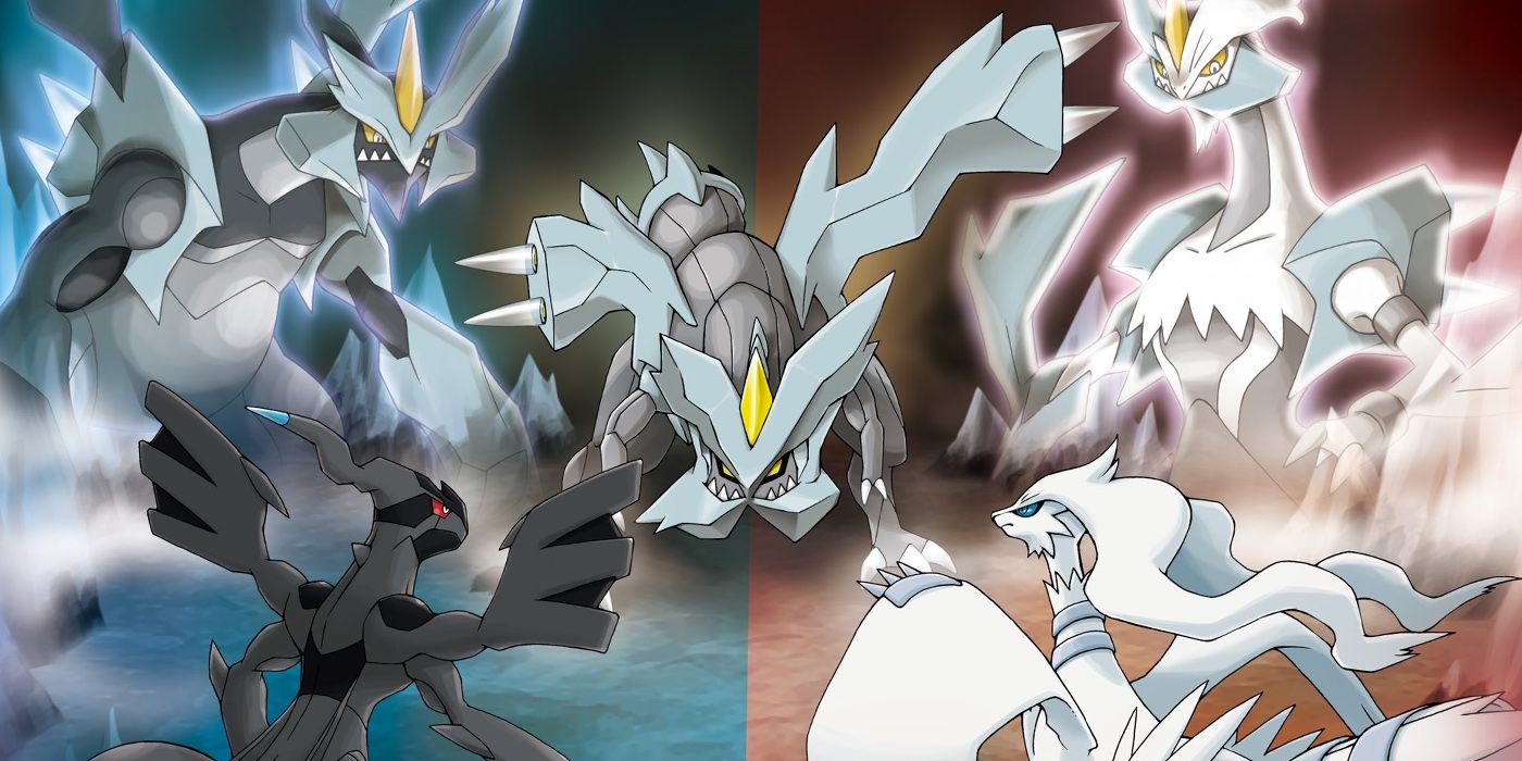 Pokemon: Zekrom Reshiram Kyurem look at one another.