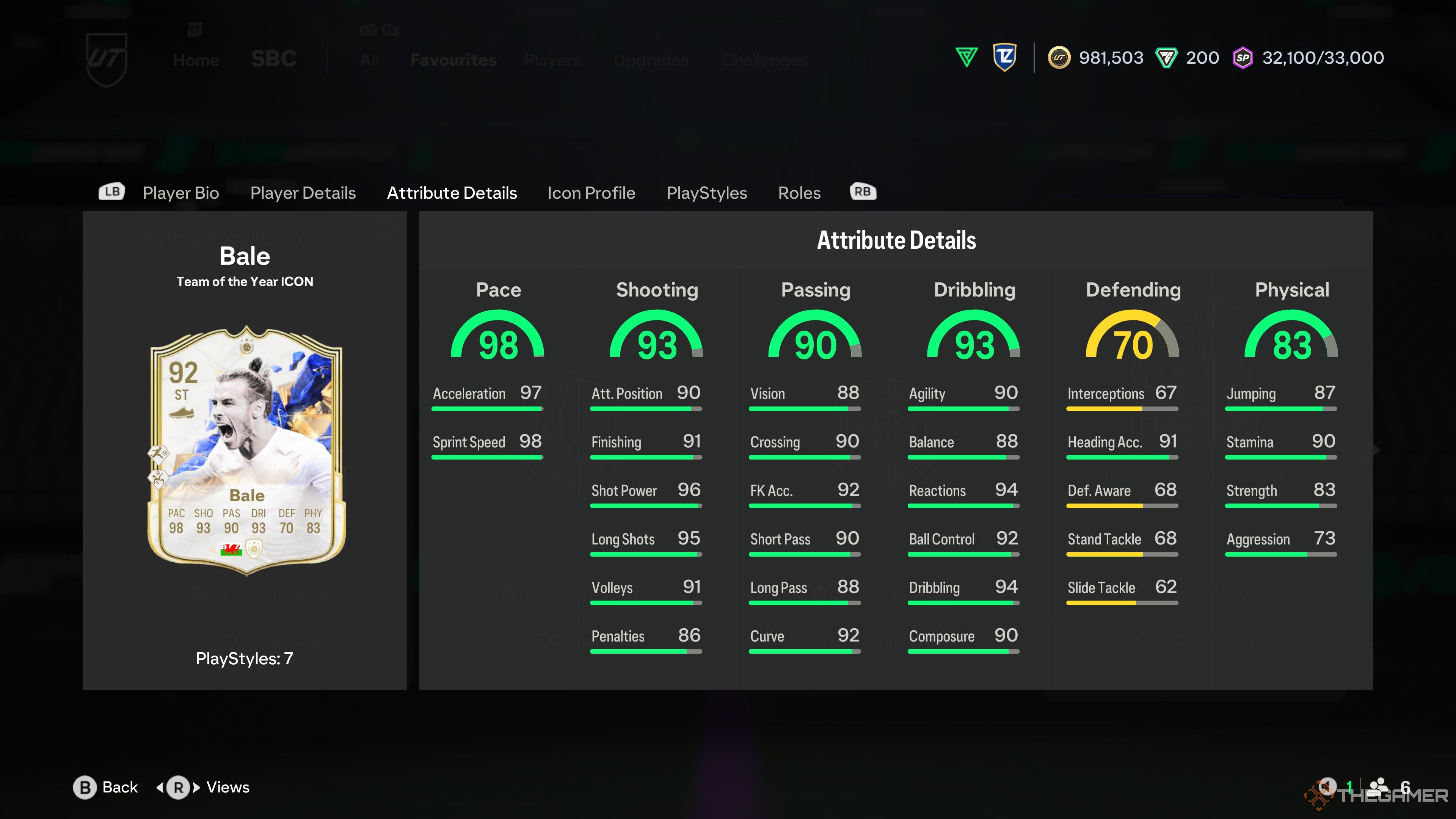 The TOTY Gareth Bale attributes in EA Sports FC 25.