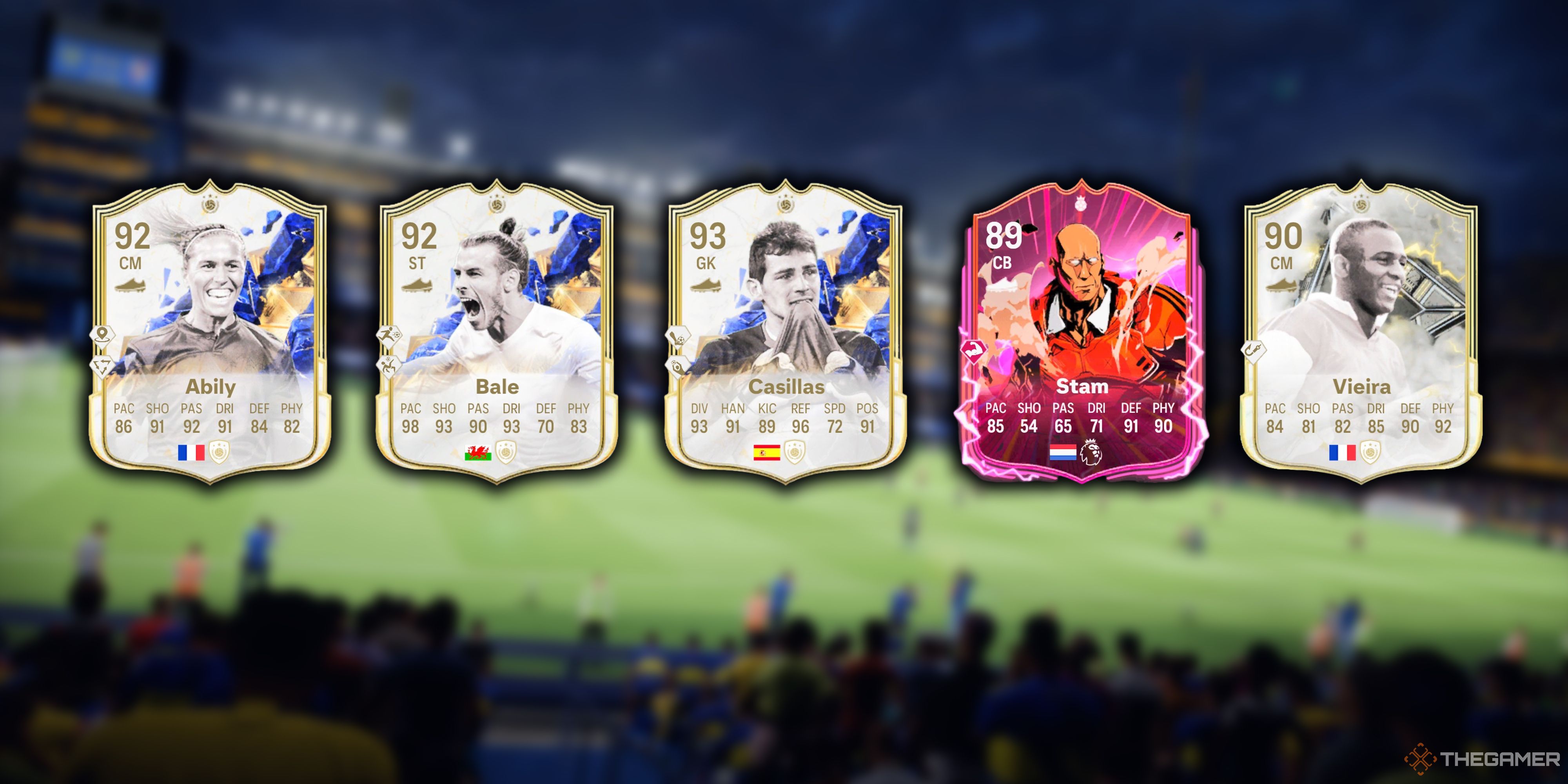 A lineup of cards featuring Abily, Bale, Casillas, Stam, and Vieira in EA Sports FC 25.