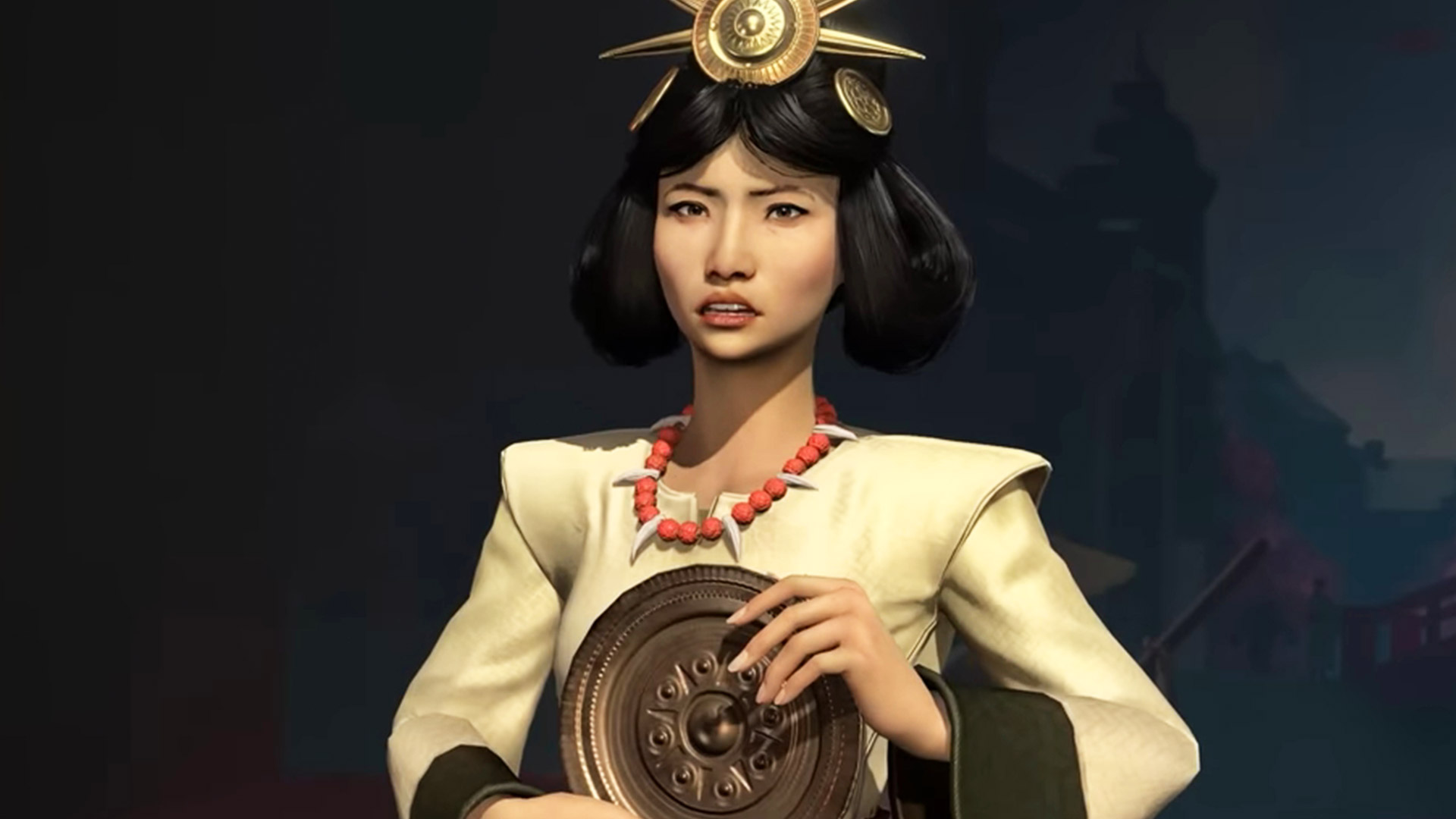 Civilization 7 leaders: Himiko with a golden headpiece