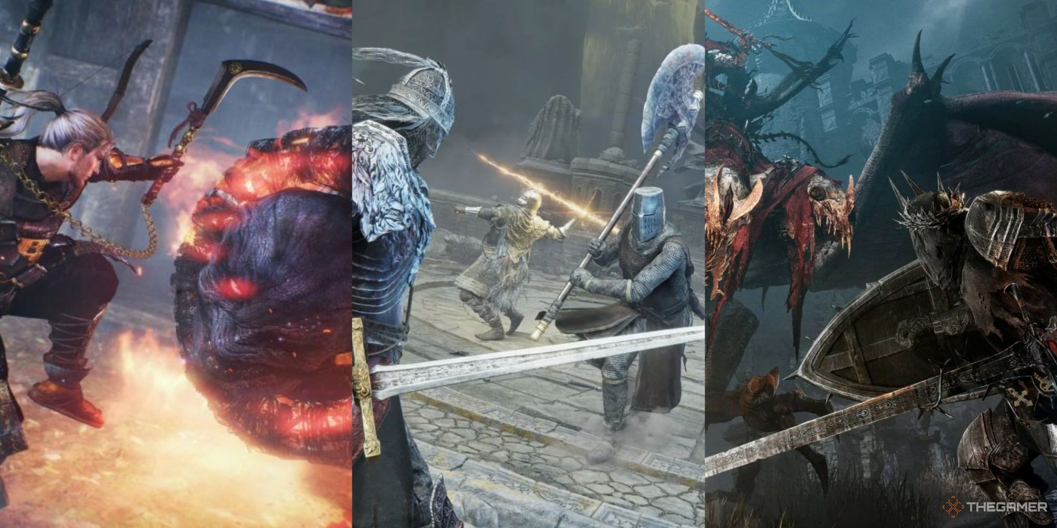 William attacking an enemy in Nioh, players attacking each other in Elden Ring, and the player attacking a large enemy in lords of the fallen, left to right.