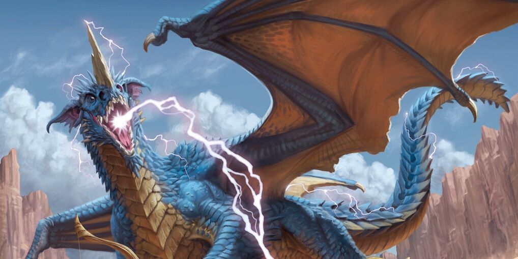 A blue chromatic dragon fires lightning breath from Dungeons & Dragons.