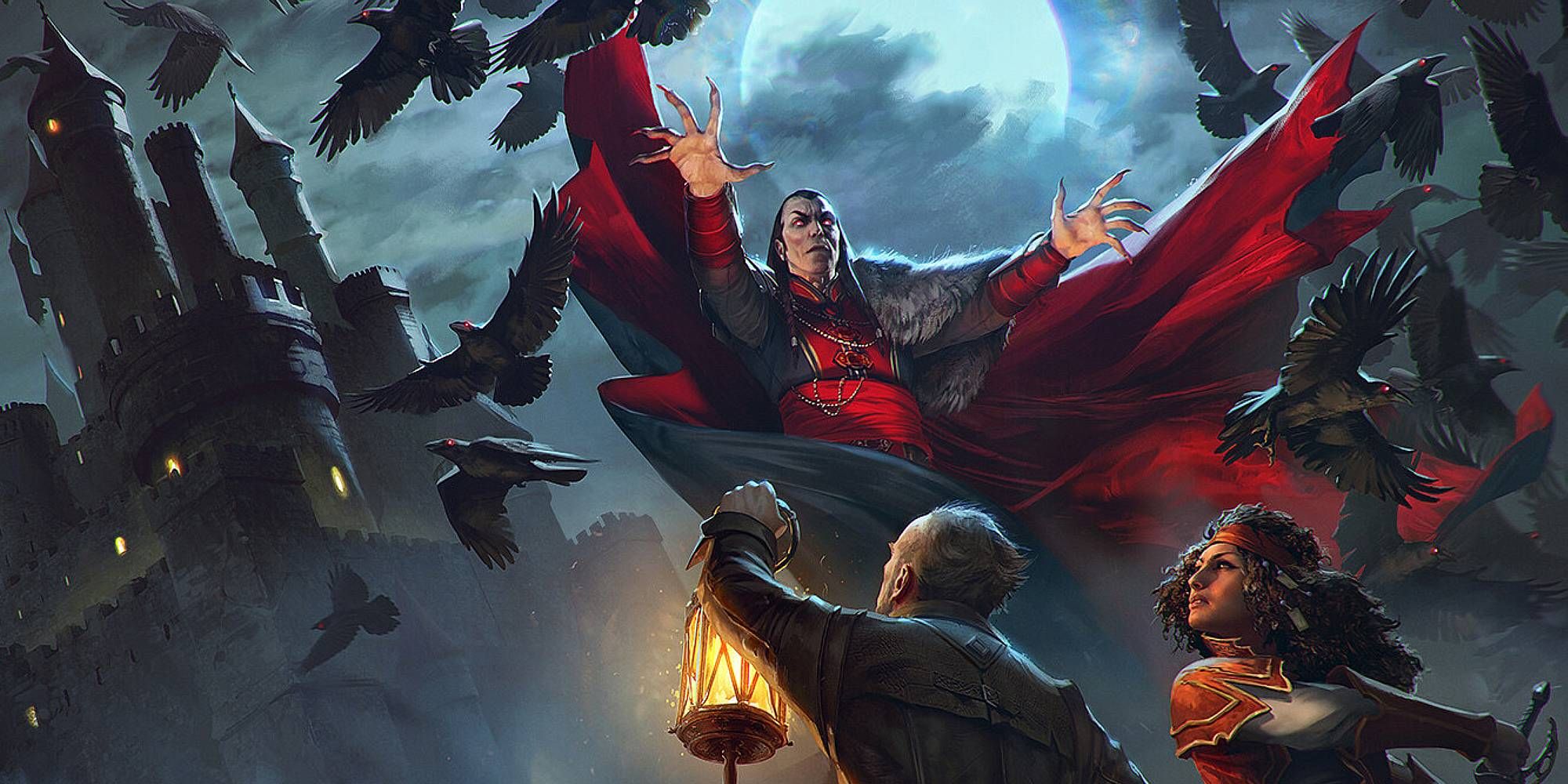 A vampire poses as two figures look up to them amidst a flock of ravens from Dungeons & Dragons.