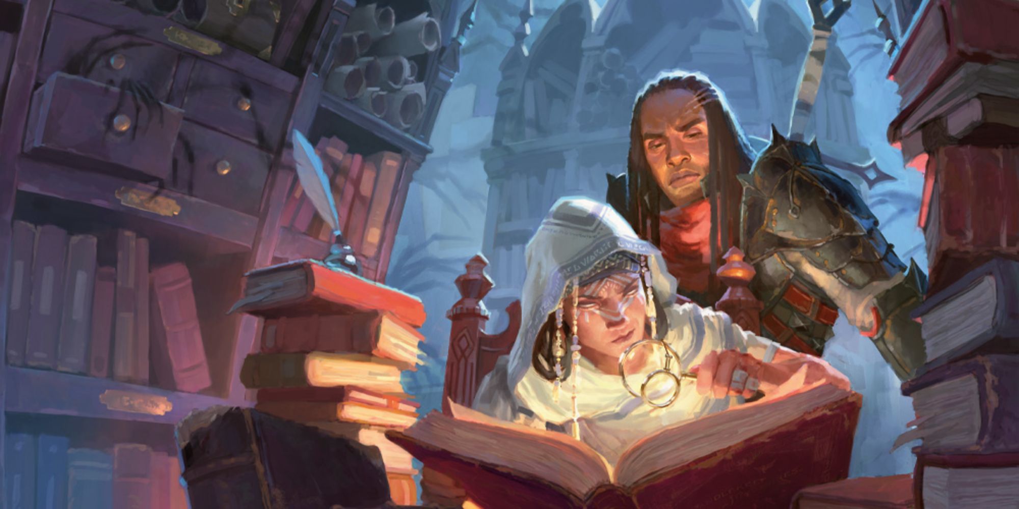 Two figures look over a glowing tome in a library from Dungeons and Dragons.