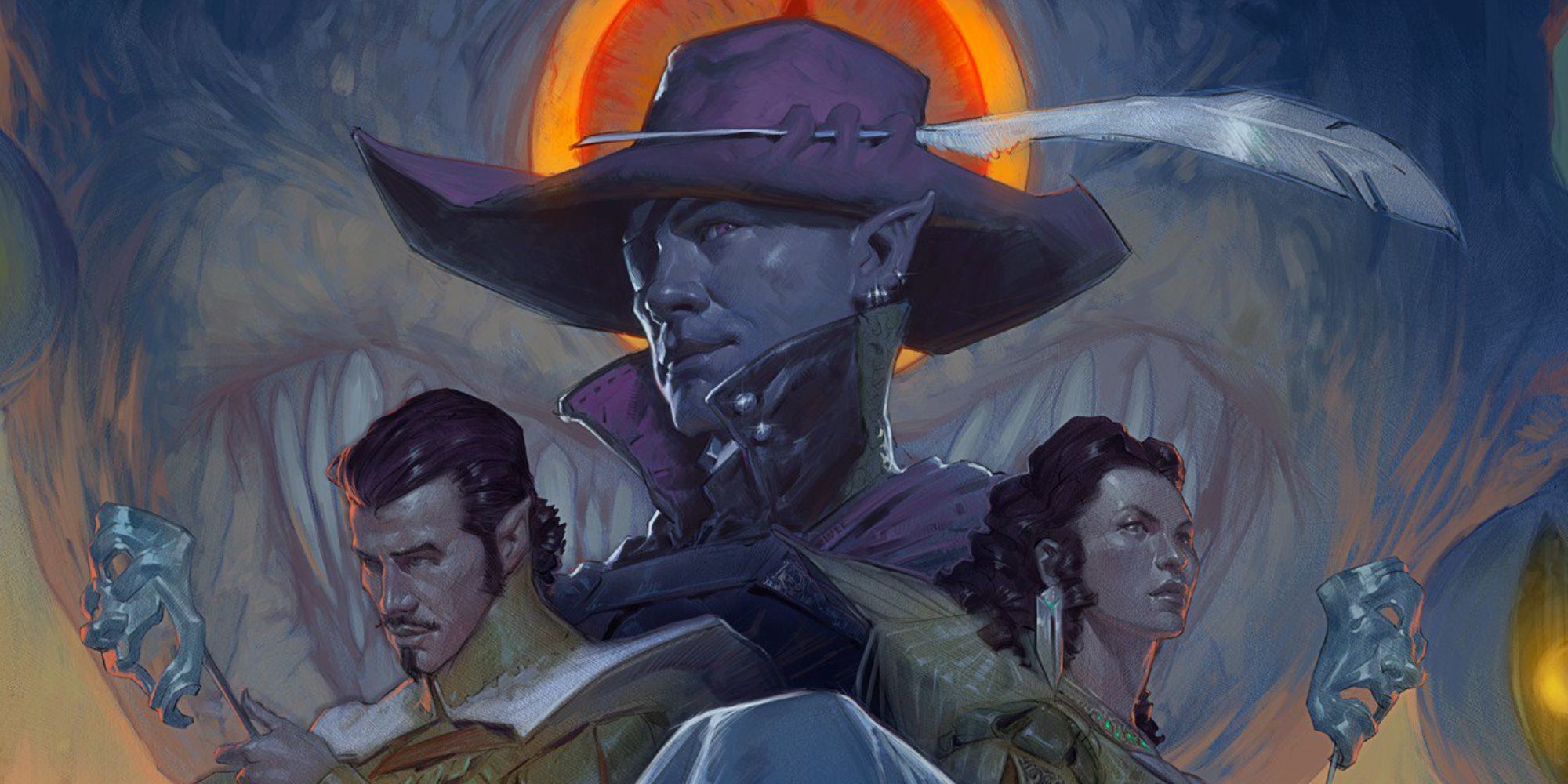 The cover art of Waterdeep Dragon Heist showing a Drow and two invidiuals holding mask.