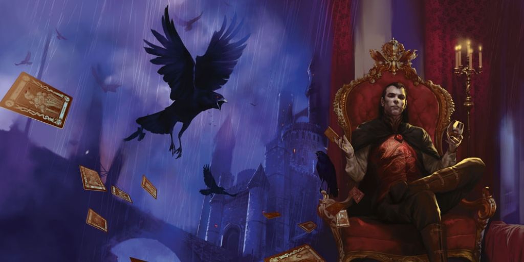 Dungeons & Dragons art showing Strahd sitting and holding a goblet, a raven, and flying arcana cards.