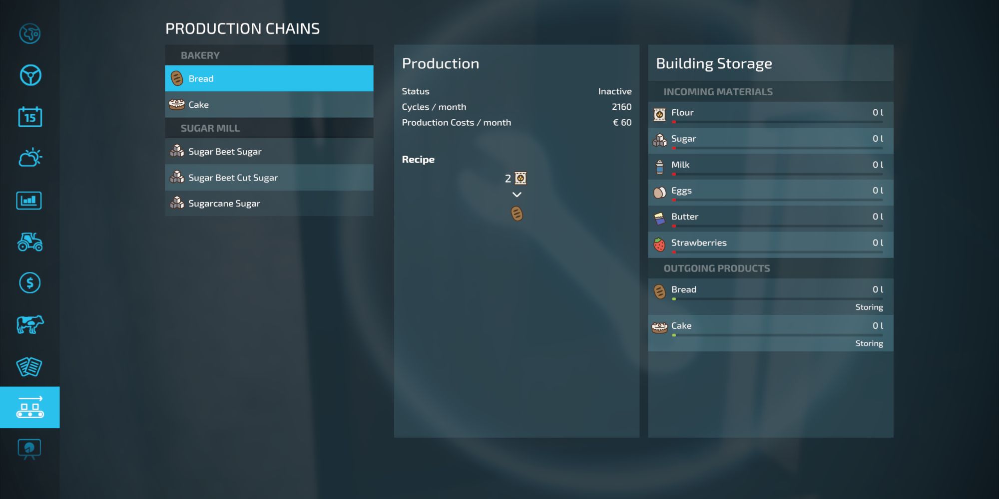 ingame UI of a farmer setting up a production chain in Farming Simulator 22.