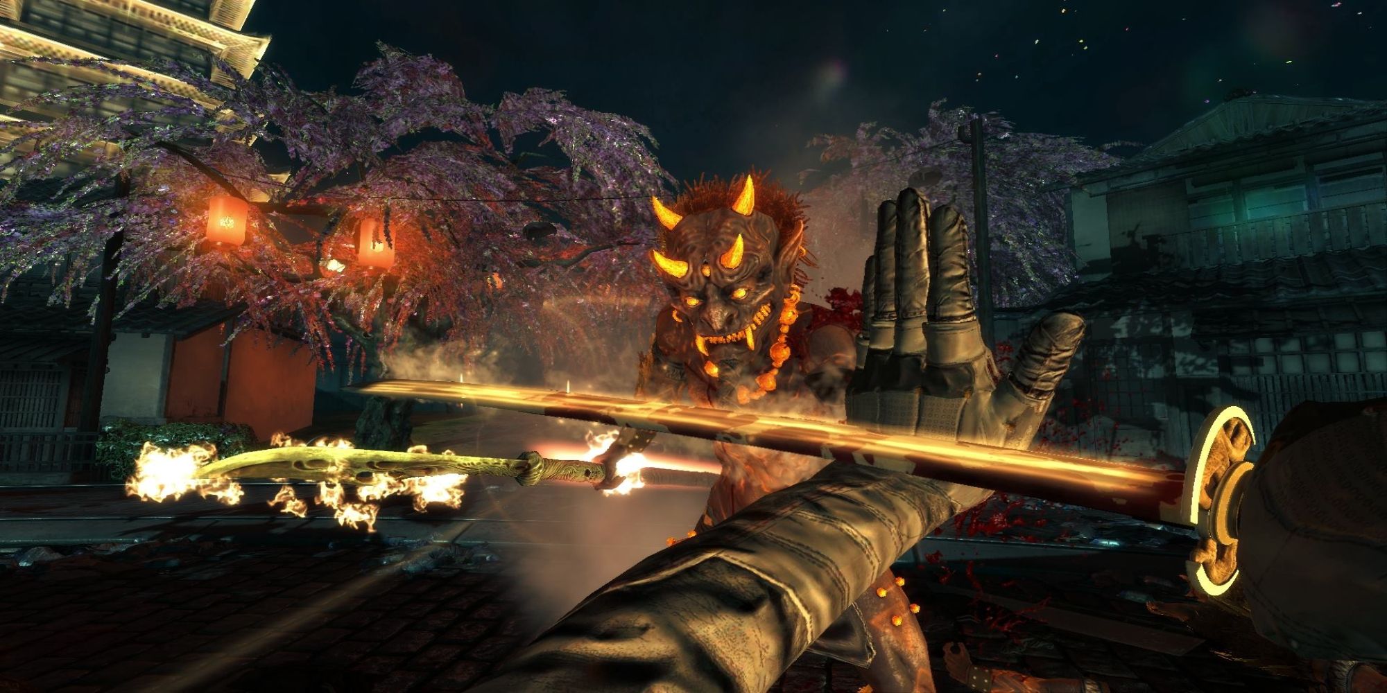 Shadow Warrior Lo Wang fights a demon with a sword in Shadow Warrior.