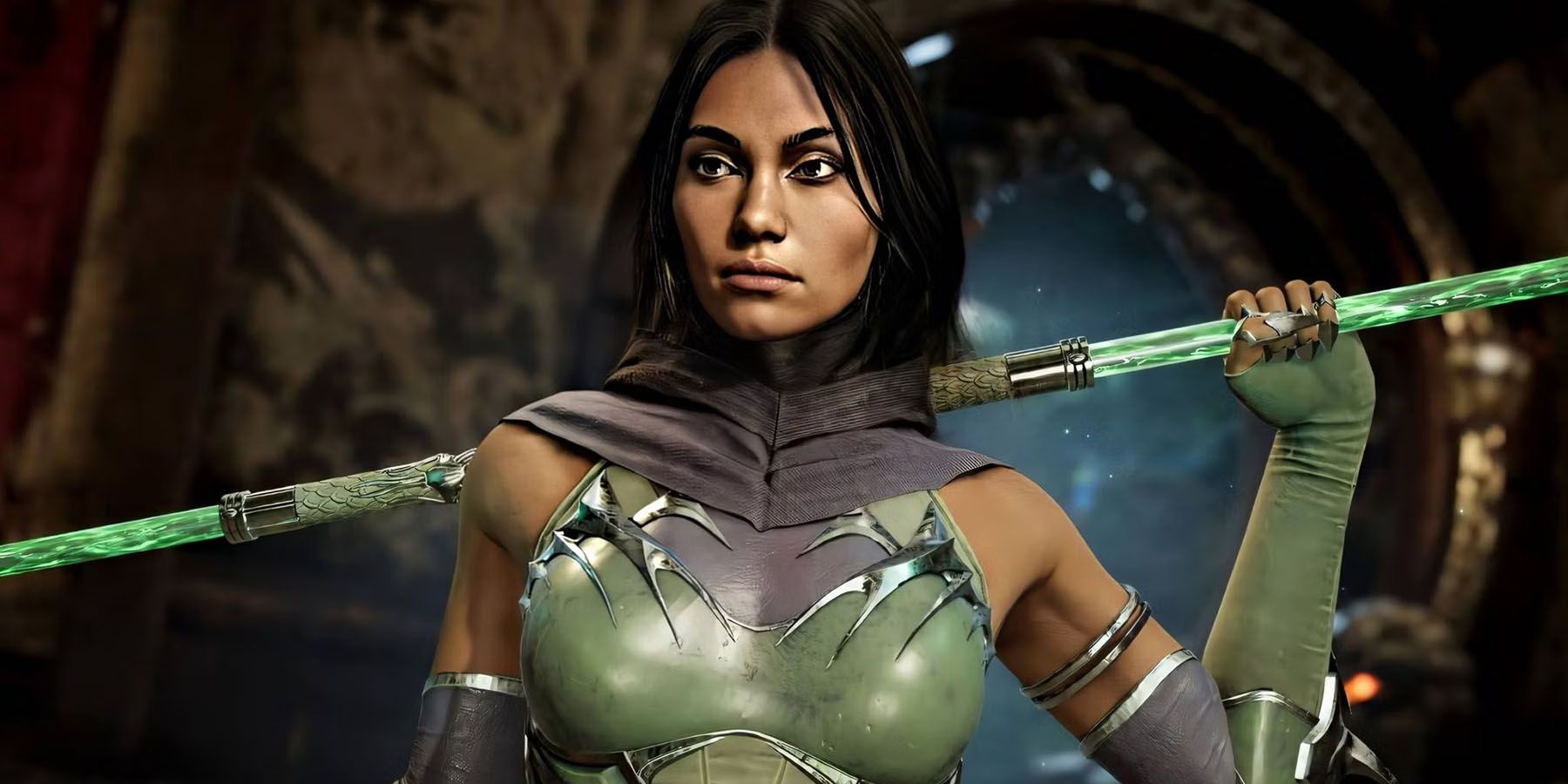 A screenshot of Jade preparing for battle in Mortal Kombat 11.