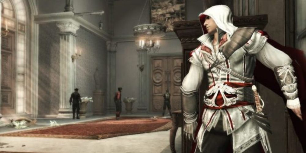 Assassin's Creed 2 screenshot of Ezio hiding behind cover.