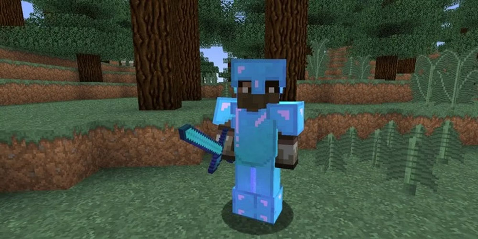 Minecraft screenshot of a character wearing diamond armor and wielding a diamond sword.