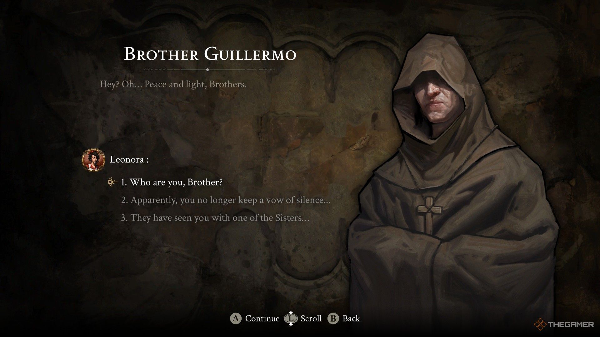 The player talks with the Brother Guillermo in The Stone Of Madness.