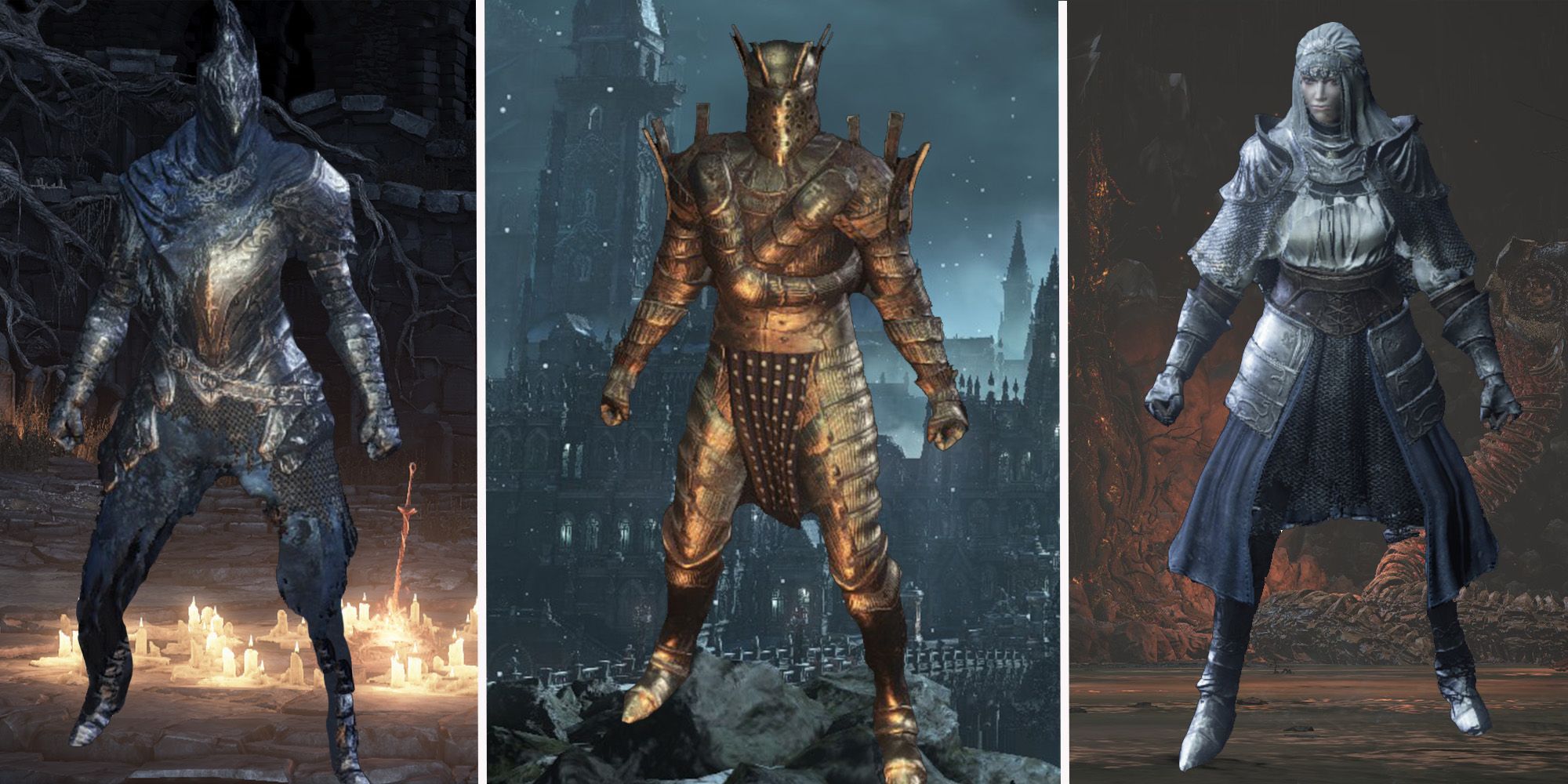 Most Expensive Armors Dark Souls 3 Feature Image, Featuring The Armor of Favor, Wolf Knight Armor, and the Sunless Armor Set, in Untended Graves, Irithyll Valley, and the Smoldering Lake