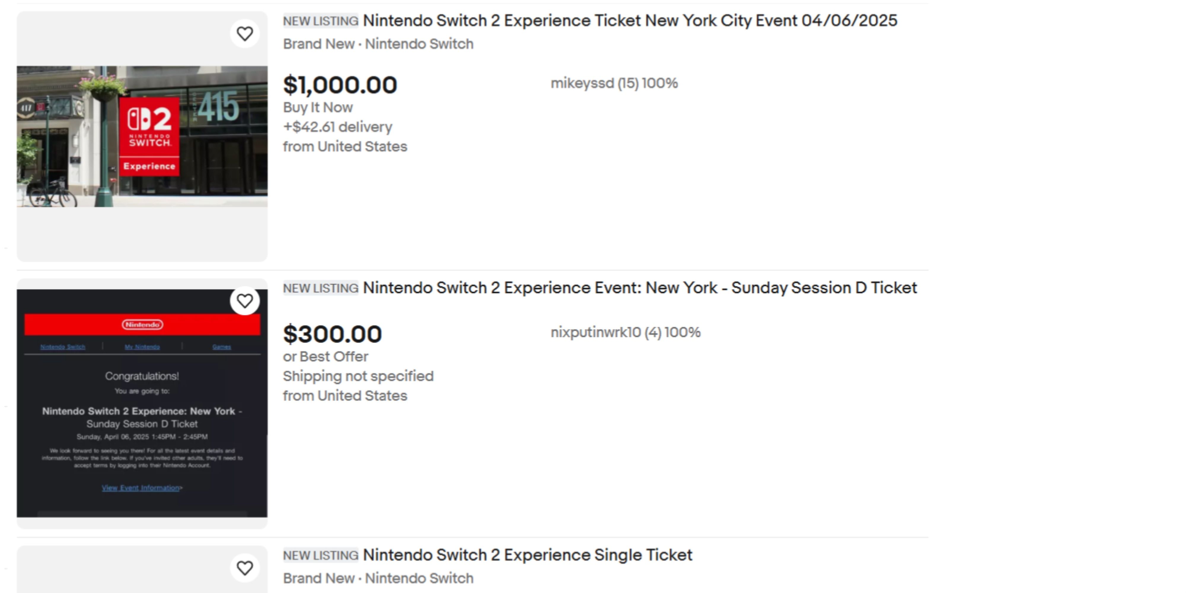 ebay listings for nintendo switch 2 experience tickets.