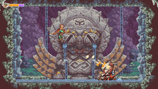 Best Metroidvania games: Owlboy fighting a boss while holding an ally in his talons