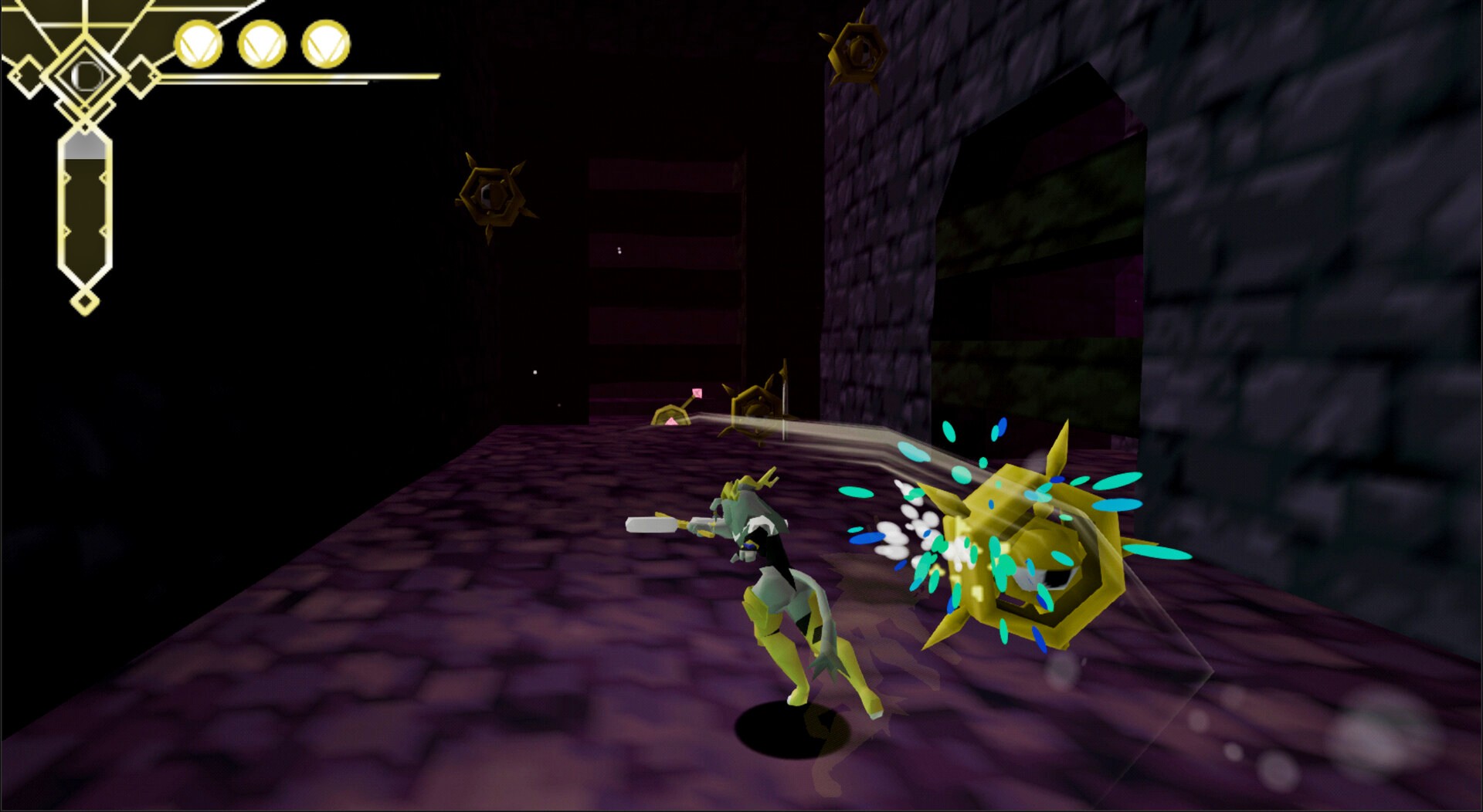 Sybil attacks a spinning wheel in Pseudoregalia, one of the best Metroidvania games.