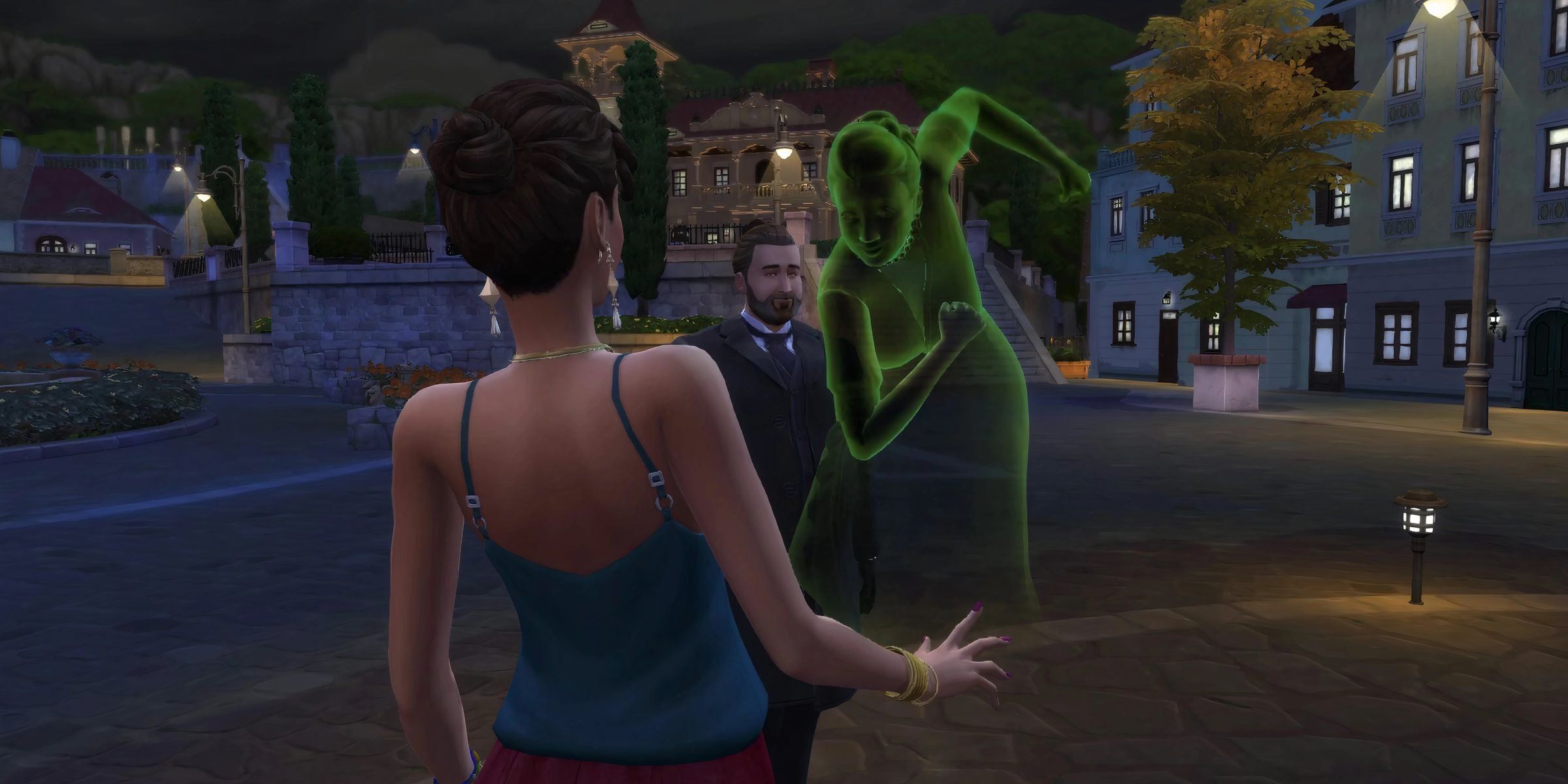 A Green Ghost Sim Charging At A Shocked Brown Haired Sim In The Life & Death Expansion In The Sims 4.