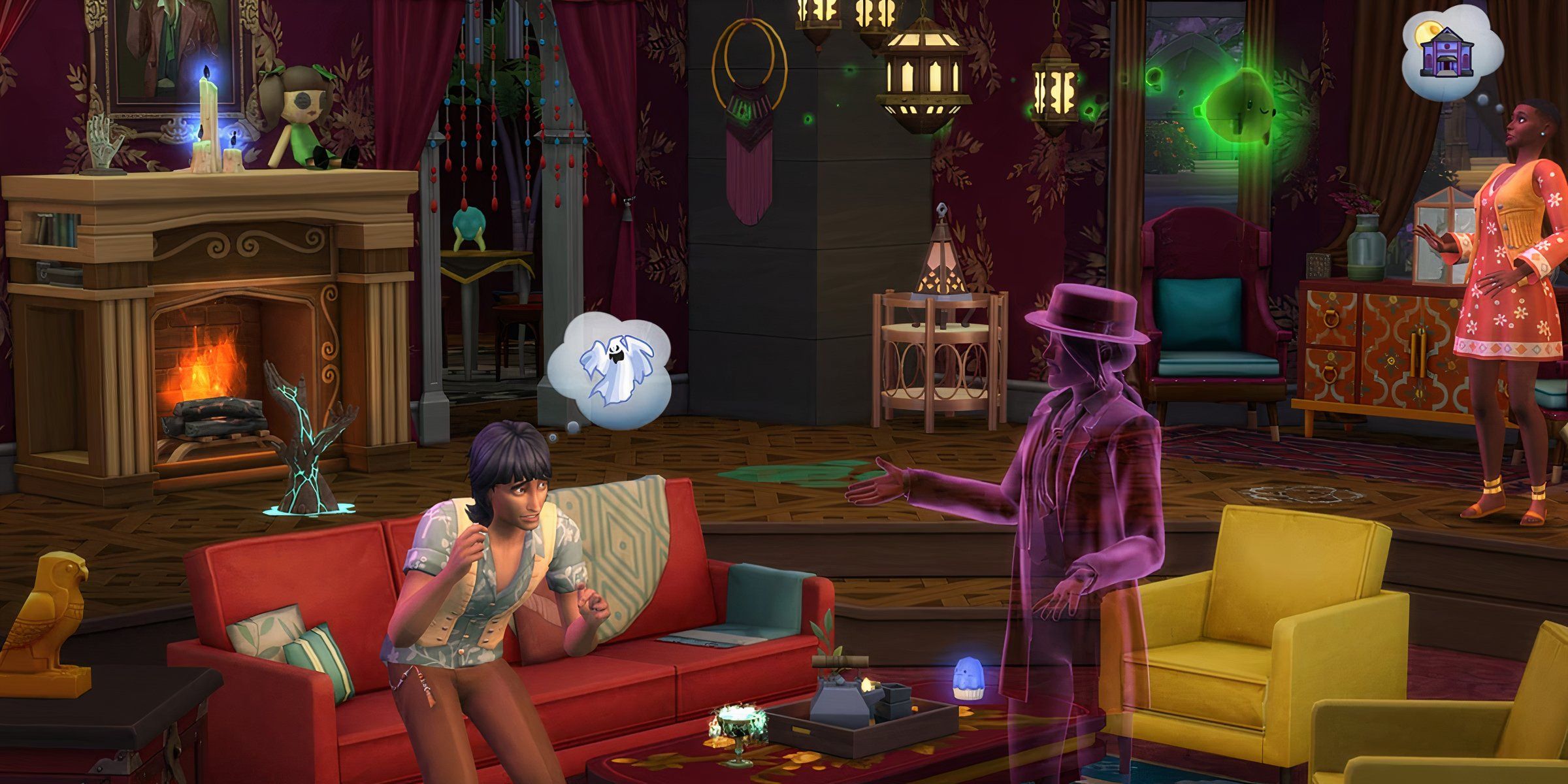 A Spooky Mansion Room With Haunted Trinkets And A Sim Scared By A Ghost Sim With Another In The Background Alongside Some Spirits In A Promotional Image From The Sims 4 Paranormal Stuff Pack.